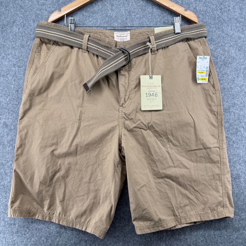 NEW Weatherproof Vintage Shorts Mens 38 Khaki Belted Cotton Cargo S14B792ST